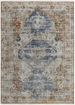 12' X 15' Ivory Orange And Blue Floral Power Loom Distressed Area Rug With Fringe