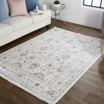 2' X 3' Tan Ivory And Blue Floral Stain Resistant Area Rug
