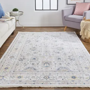 2' X 3' Tan Ivory And Blue Floral Stain Resistant Area Rug