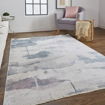 2' X 3' Ivory Blue And Pink Abstract Stain Resistant Area Rug
