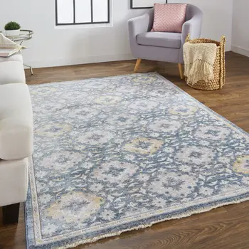 2' X 3' Blue And Gold Floral Stain Resistant Area Rug