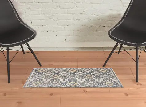 2' X 3' Blue And Gold Floral Stain Resistant Area Rug