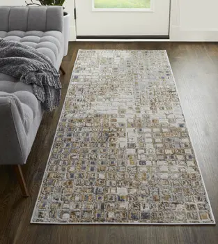 12' Tan Ivory And Blue Geometric Power Loom Distressed Runner Rug