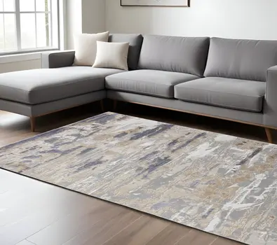 8' X 10' Tan and Ivory Abstract Power Loom Distressed Non Skid Area Rug
