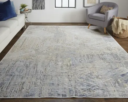 8' X 10' Tan and Ivory Abstract Power Loom Distressed Non Skid Area Rug