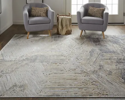 8' X 10' Tan and Ivory Abstract Power Loom Distressed Non Skid Area Rug