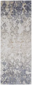 12' Tan Ivory And Blue Abstract Power Loom Distressed Runner Rug