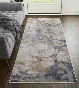 10' Tan and Blue Abstract Power Loom Distressed Non Skid Runner Rug