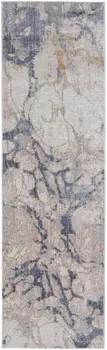 12' Beige and Blue Abstract Power Loom Distressed Runner Rug
