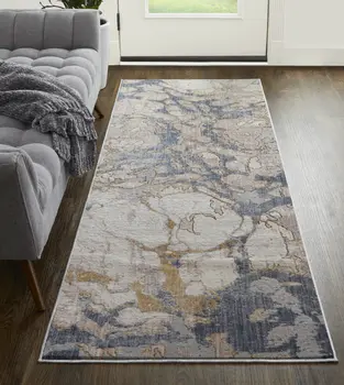 12' Beige and Blue Abstract Power Loom Distressed Runner Rug