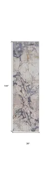 12' Beige and Blue Abstract Power Loom Distressed Runner Rug
