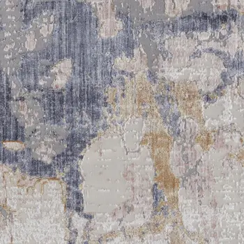 12' Beige and Blue Abstract Power Loom Distressed Runner Rug