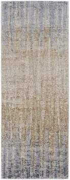 12' Tan Brown And Blue Abstract Power Loom Distressed Runner Rug