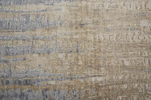 12' Tan Brown And Blue Abstract Power Loom Distressed Runner Rug