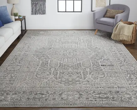 8' X 10' Gray and Ivory Floral Power Loom Distressed Non Skid Area Rug