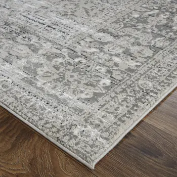 8' X 10' Gray and Ivory Floral Power Loom Distressed Non Skid Area Rug