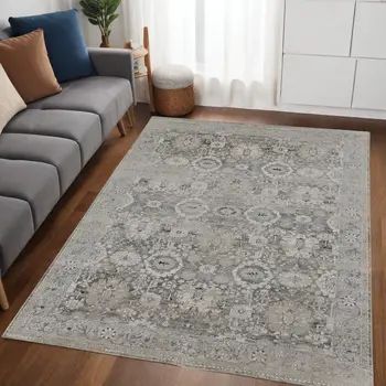 5' X 8' Gray And Silver Abstract Power Loom Distressed Area Rug