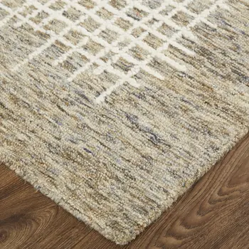 4' X 6' Tan And Ivory Wool Plaid Tufted Handmade Stain Resistant Area Rug