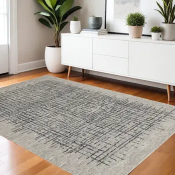 4' X 6' Gray Black And Tan Wool Crosshatch Hand Tufted Area Rug