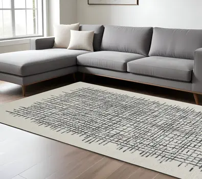8' X 10' Gray and Ivory Wool Plaid Hand Tufted Area Rug