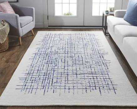 4' X 6' Ivory and Blue Wool Crosshatch Hand Tufted Area Rug