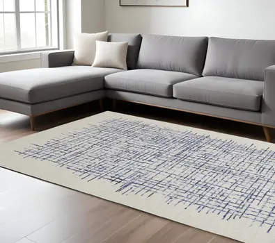 8' X 10' Ivory and Blue Wool Plaid Hand Tufted Area Rug