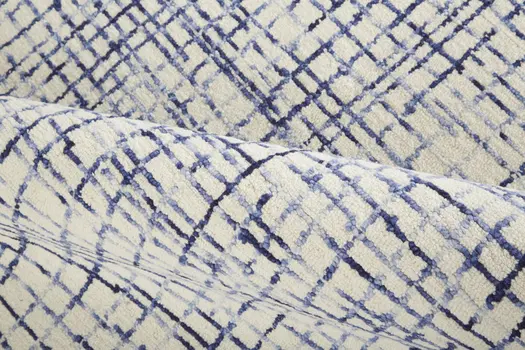 8' X 10' Ivory and Blue Wool Plaid Hand Tufted Area Rug