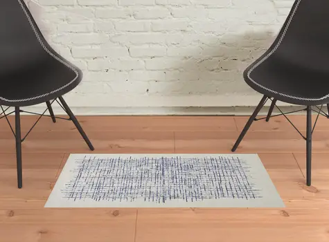 2' X 3' Ivory And Blue Wool Plaid Tufted Handmade Stain Resistant Area Rug