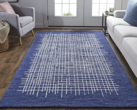 10' X 14' Blue And Ivory Wool Plaid Tufted Handmade Stain Resistant Area Rug