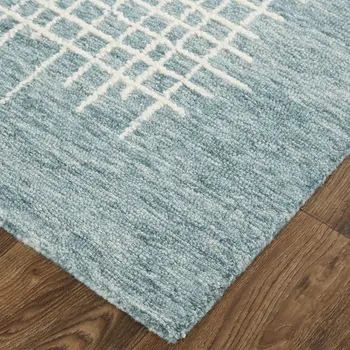5' X 8' Blue And Ivory Wool Plaid Tufted Handmade Stain Resistant Area Rug