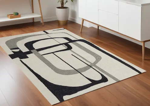 4' X 6' Gray and Ivory Wool Abstract Hand Tufted Area Rug