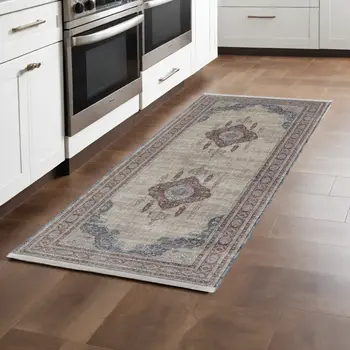 8' Blue and Gray Floral Power Loom Runner Rug With Fringe