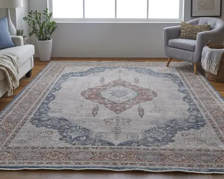 2' X 3' Blue and Gray Floral Power Loom Area Rug