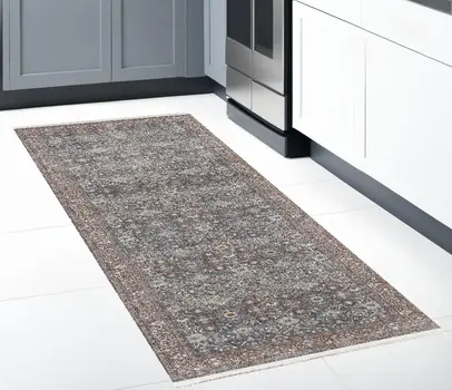 8' Blue And Red Floral Power Loom Stain Resistant Runner Rug