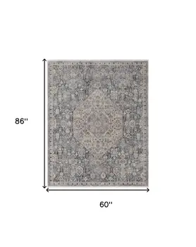 5' X 7' Blue and Ivory Floral Power Loom Area Rug