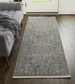 10' Blue and Ivory Floral Power Loom Runner Rug With Fringe
