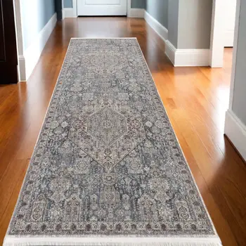 10' Blue and Ivory Floral Power Loom Runner Rug With Fringe
