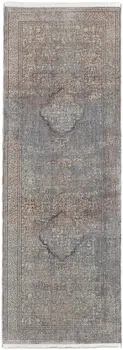 8' Blue and Gray Floral Power Loom Runner Rug With Fringe