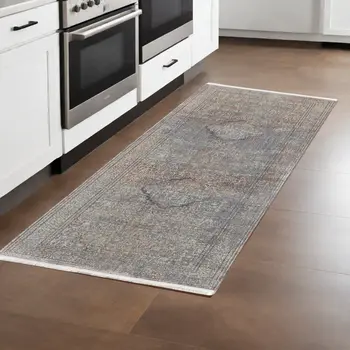 8' Blue and Gray Floral Power Loom Runner Rug With Fringe