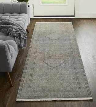 10' Blue and Gray Floral Power Loom Runner Rug With Fringe