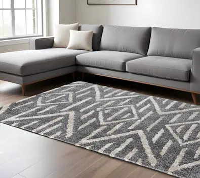 9' X 12' Gray And Ivory Geometric Power Loom Stain Resistant Area Rug