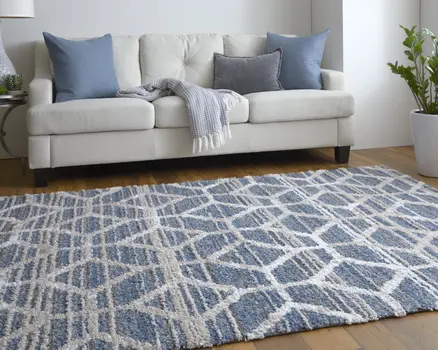 5' X 8' Blue And Ivory Geometric Power Loom Stain Resistant Area Rug