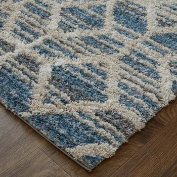 5' X 8' Blue And Ivory Geometric Power Loom Stain Resistant Area Rug