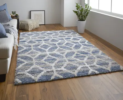2' X 3' Blue And Ivory Geometric Power Loom Stain Resistant Area Rug