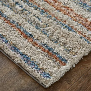 5' X 8' Ivory Blue And Orange Striped Power Loom Stain Resistant Area Rug