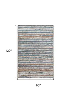 8' X 10' Ivory and Blue Striped Power Loom Area Rug