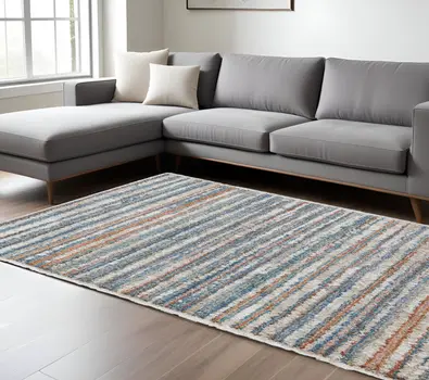 8' X 10' Ivory and Blue Striped Power Loom Area Rug