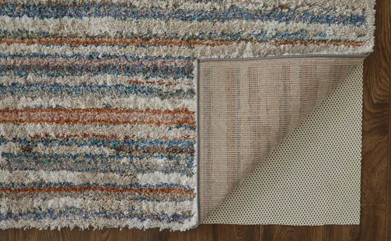 10' X 14' Ivory Blue And Orange Striped Power Loom Stain Resistant Area Rug