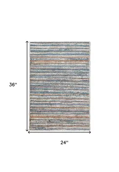 2' X 3' Ivory Blue And Orange Striped Power Loom Stain Resistant Area Rug