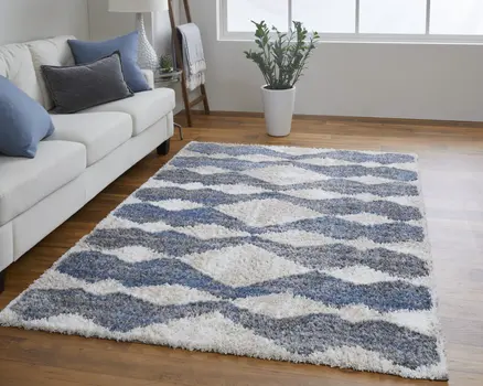 8' X 10' Ivory Gray And Blue Chevron Power Loom Stain Resistant Area Rug